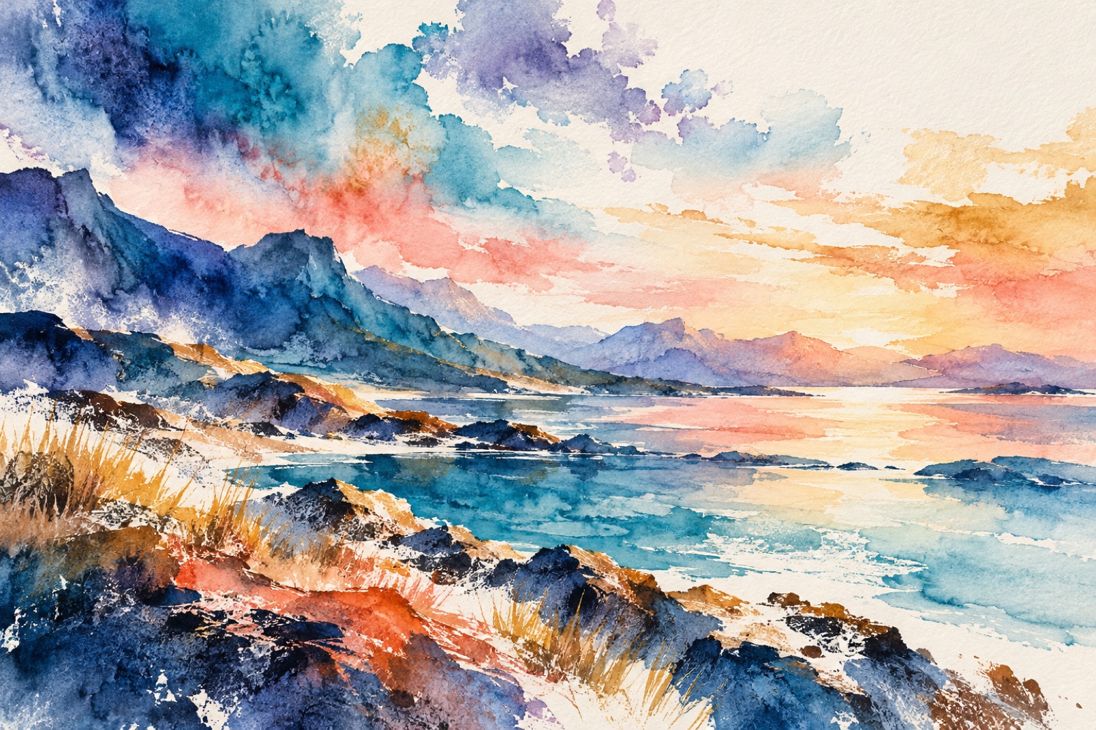 Paesaggio costiero originale dipinto ad acquerello